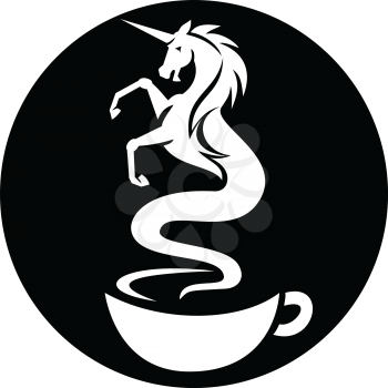 Retro style illustration of a unicorn coming out as a smoke from a hot coffee cup set inside circle on isolated background.