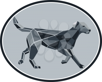 Low polygon art style illustration of a black labrador retriever,  a medium-large breed of retriever-gun dog standing viewed from side set in oval on isolated white background.