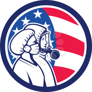 Illustration of a American healthcare worker, doctor or nurse wearing a surgical mask as heroes viewed from side with USA stars and stripes flag set in circle done in retro style.