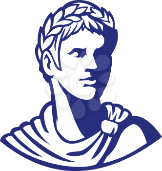 Mascot icon illustration of bust of an ancient Roman emperor, senator or Caesar, ruler of the Roman Empire during the imperial period wearing crown of laurel leaves looking to side in retro style.