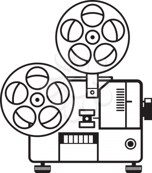 Retro style illustration of a vintage movie film reel projector viewed from side done in black and white on isolated background.