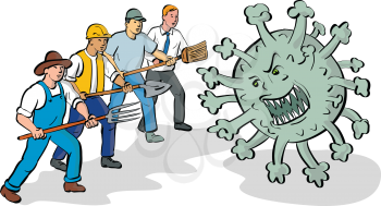Cartoon style illustration of a farmer, construction worker, cleaner and office workers united together fighting an angry and aggressive covid-19 or corona virus cell on isolated white background.