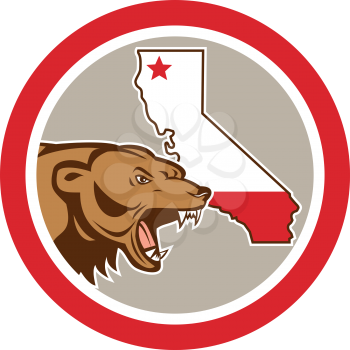 Illustration of an angry grizzly brown bear head viewed from the side  with California State map set inside circle on isolated background done in cartoon style.