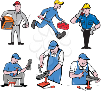 Set or collection of cartoon character mascot style illustration of a tv repairman, handyman, telephone or cable guy and a shoe repairman on isolated white background.