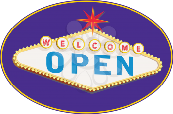 Retro style illustration showing a 1990s neon sign light signage lighting of a Las Vegas style  light signage lighting of welcome open sign on blue oval on isolated background.