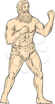 Drawing sketch style illustration of a Hercules, a Roman hero and god, with fists on chest ready to fight in boxer boxing fighting stance on isolated white background in full color.