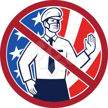 Icon retro style illustration of no entry in America without immunization concept showing an American immigration officer wearing mask putting hand out to stop set in circle with USA flag on white.