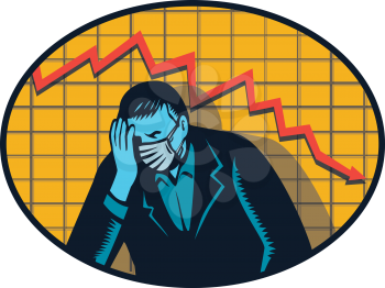Retro woodcut style illustration of a depressed businessman with mental health problem wearing a face mask with plummeting sales graph in back due to the pandemic and economic crisis set inside oval.