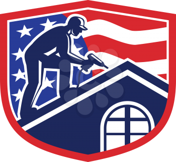 Illustration of an American roofer construction worker working on roof with hand drill and USA stars and stripes flag viewed from side set inside shield crest done in retro style. 
