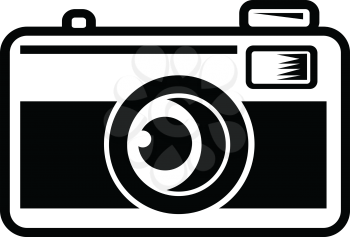 Retro Black and White style illustration of vintage 35mm film camera viewed from front on isolated background.