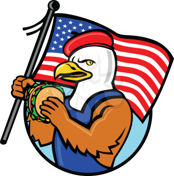 Cartoon style illustration of an American bald eagle holding a USA stars and stripes flag and hamburger or burger sandwich set inside circle on isolated background.