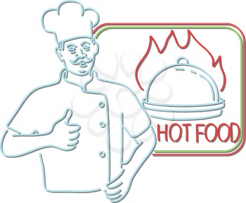 Retro style illustration showing a 1990s neon sign light signage lighting of a chef, cook or baker with thumbs up beside dish on flames or fire with sign Hot Food on isolated background.