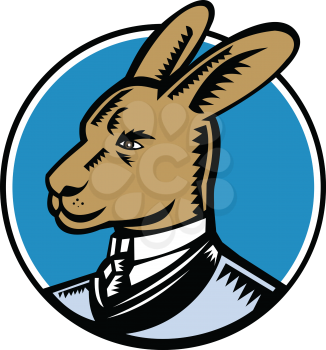 Retro woodcut style illustration of a proud wallaby, wallaroo or kangaroo wearing a Victorian gentleman style business suit looking to side of isolared white background in black and white.