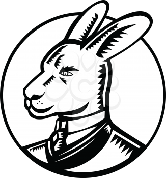 Retro woodcut style illustration of a proud kangaroo wearing a Victorian gentleman style business suit looking to side of isolared white background in black and white.