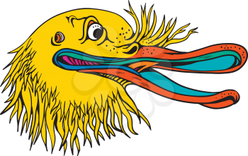 Graffitti style illustration of an angry and aggressive kiwi head, a flightless bird native to New Zealand, looking to side on isolated background in cartoon full color.