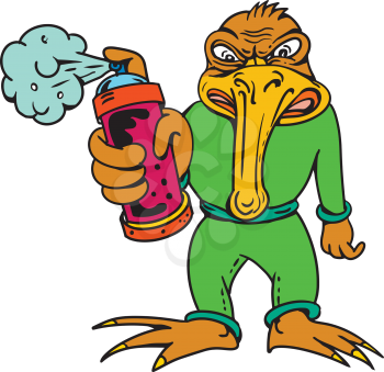 Cartoon style illustration of a kiwi bird graffiti artist spray painting and pointing a paint spray can viewed from front on isolated background in color.