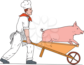 Drawing sketch style illustration of a chef, cook, baker or butcher pushing wheelbarrow carrying a pig viewed from side on isolated white background in color.