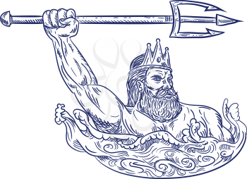 Drawing sketch style illustration of Triton, a Greek god, the messenger of the sea, son of Poseidon and Amphitrite, wielding trident on sea with waves on isolated white background.