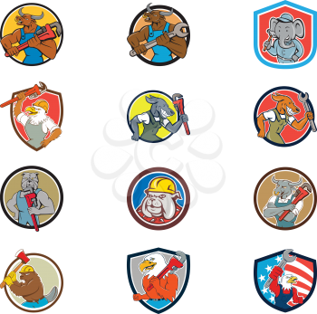 Set collection of cartoon character mascot illustration of animal tradesman industrial workers like bull, elephant, american eagle, dog, bulldog, cow, beaver, bird set in circle crest on isolated.