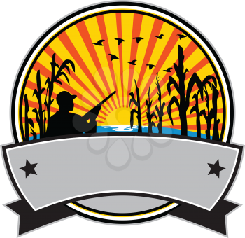 Retro style illustration of a duck or bird hunter with rifle in flooded cornfield with corn stalks set inside circle with sunburst on isolated background.