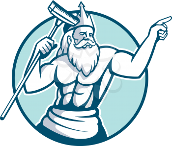 Mascot icon illustration of Neptune, god of the sea in Roman mythology or Poseidon in Greek, holding a pool scrub or brush cleaner pointing set inside oval on isolated background in retro style.