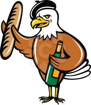 Cartoon style illustration of an American eagle mascot wearing a French beret and holding a baguette in one wing and bottle of wine standing viewed from front.