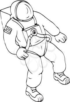 Drawing sketch style illustration of  an astronaut, cosmonaut or spaceman floating in space on isolated white background.