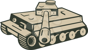 Retro style illustration of a German world war two panzer battle tank aiming towards viewer on isolated background.
