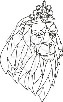 Mosaic low polygon style illustration of a princess lion with big mane wearing a tiara crown viewed from front on isolated white background in black and white.