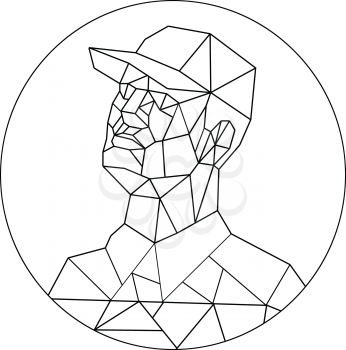 Low polygon style illustration of a union worker or tradesman wearing a baseball cap looking up set inside circle or oval done in black and white on isolated background.