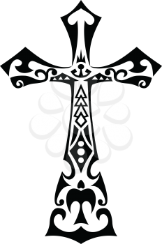 Tribal tattoo style illustration of Polynesian cross with Polynesian, Maori and Hawaiian influence with typical tribal symbols like turtles, enata, spearheads, waves, birds on isolated background in black and white.
