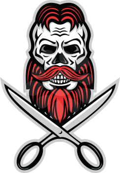 Mascot icon illustration of skull of a male with red hair and beard with pair of barber scissors viwed from front on isolated background in retro style.