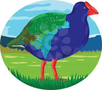 Retro style illustration of a takahe, the South Island takahe or notornis, a flightless bird indigenous to New Zealand in the meadow with mountains viewed from side set inside oval shape  on isolated background.