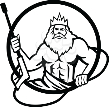 Illustration of Neptune, roman god of sea holding pressure power washer water blaster viewed from front set inside circle on isolated background done in retroblack and white style.