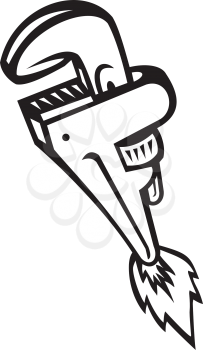 Black and White Illustration of a pipe wrench with rocket booster blasting off set on isolated white background done in retro style. 
