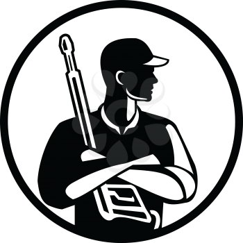 Black and White Illustration of power washer worker with arms crossed holding pressure washing gun looking to the side viewed from front set inside circle on isolated background done in retro style. 