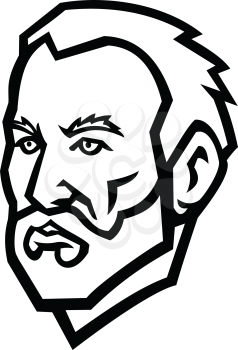 Mascot illustration of head of Vincent Willem van Gogh, a Dutch post-impressionist painter viewed from   front on isolated background in retro black and white style.
