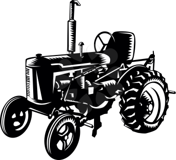 Illustration of a vintage farm tractor set on isolated white background done in retro woodcut Black and White style. 