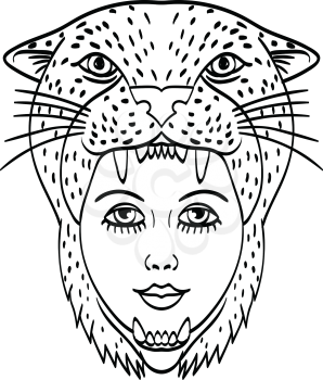 Tattoo style illustration of head of an Amazon warrior wearing a jaguar headdress viewed from front done in black and white.
