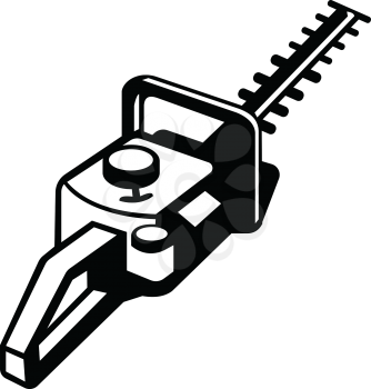 Mascot illustration of a hedge trimmer or hedge cutter viewed from a high angle on isolated background in retro black and white style.