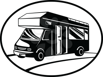 Retro woodcut black and white style illustration of a campervan or motorhome viewed from side on a low angle set inside oval shape done in retro style.
