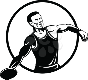 Retro style illustration of a discus throw or disc throw, a track and field event in which an athlete throws a heavy disc, set inside circle on isolated background done in black and white.