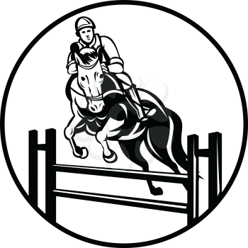 Retro style illustration of a rider on horse show jumping, stadium jumping or open jumping, an English riding equestrian event set in circle on isolated background done in retro black and white style.