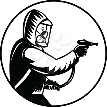 Retro woodcut style illustration of a pest control exterminator spraying pesticide or insecticide viewed from side set in circle on isolated background done in black and white.
