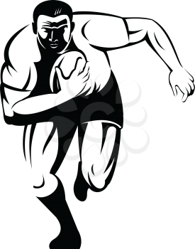 Retro woodcut style illustration of a rugby player running with the ball viewed from front on isolated background done in black and white.
