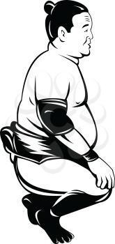 Retro style illustration of sumo wrestler or rikishi, a form of competitive full-contact wrestling, squatting  viewed from side on isolated background done in black and white.