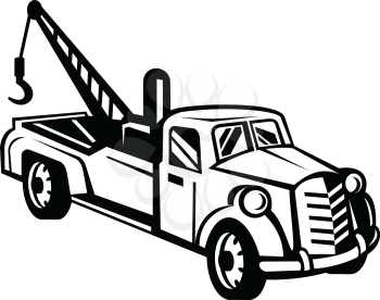 Black and white illustration of a vintage tow truck or wrecker pick-up truck lorry viewed from high angle on side done in retro style.