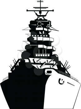 Retro style illustration of an American or United Sates battleship, warship, dreadnought, naval fighting ship viewed from the front on isolated background done in black and white.