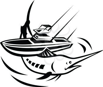 Illustration of an Atlantic  blue marlin jumping with charter fishing boat on its back on isolated white background done in retro black and white style. 