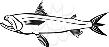 Stencil illustration of a Bombay duck fish, Harpadon nehereus, bummalo, bombil, boomla or strange fish, a species of lizardfish, viewed from side on isolated background in black and white retro style.